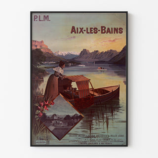 Vintage plakat "Aix-les-Bains, billets collectifs PLM" vist i en tynd ramme på en lys væg.