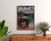 Vintage plakat "Aix-les-Bains, fête de nuit" indrammet over et trækommode mellem planter.