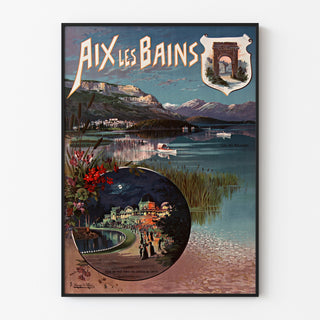 Vintage plakat "Aix-les-Bains, fête de nuit" vist i en tynd ramme på en lys væg.