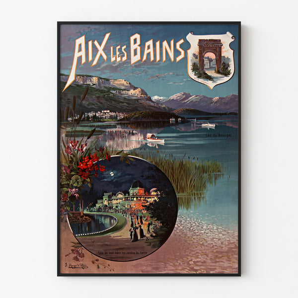 Vintage plakat "Aix-les-Bains, fête de nuit" vist i en tynd ramme på en lys væg.