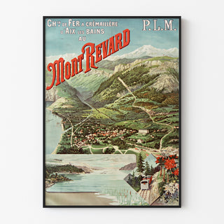 Vintage plakat "Aix-les-Bains, Mont-Revard, crémaillère" vist i en tynd ramme på en lys væg.