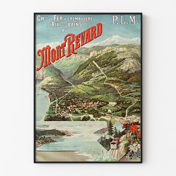Vintage plakat "Aix-les-Bains, Mont-Revard, crémaillère" vist i en tynd ramme på en lys væg.