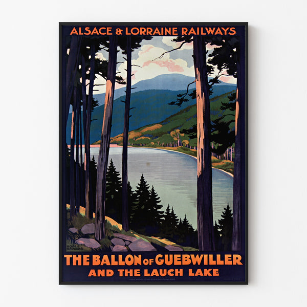 Vintage-plakat Alsace-Lorraine, ballon de Guebwiller, vist i en tynd ramme på en lys væg.