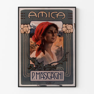 Vintageplakat Amica, opera, vist i en slank ramme på en lys væg.