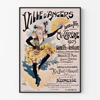 Vintageplakat Angers, midt-karneval, vist i en smal ramme på en lys væg.