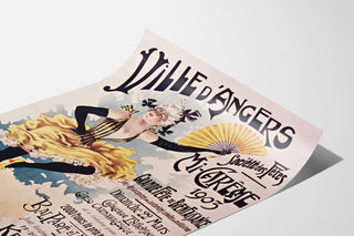 Vintageplakat Angers, midt-karneval, vist på et bøjet ark set i perspektiv.