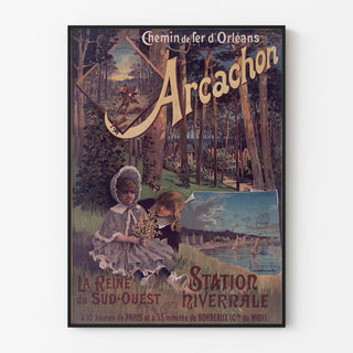 Vintage plakat Arcachon, vintersæson, vist i en tynd ramme på en lys væg.