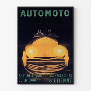 Vintageplakat Automoto, Saint-Étienne, vist i en tynd ramme på en lys væg.