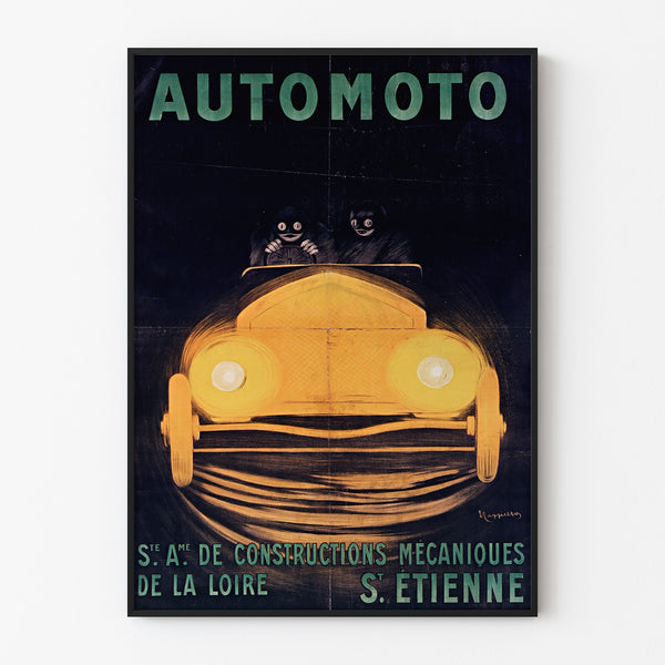 Vintageplakat Automoto, Saint-Étienne, vist i en tynd ramme på en lys væg.