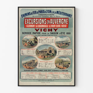 Vintage plakat Auvergne, udflugter PLM, præsenteret i en tynd ramme på en lys væg.