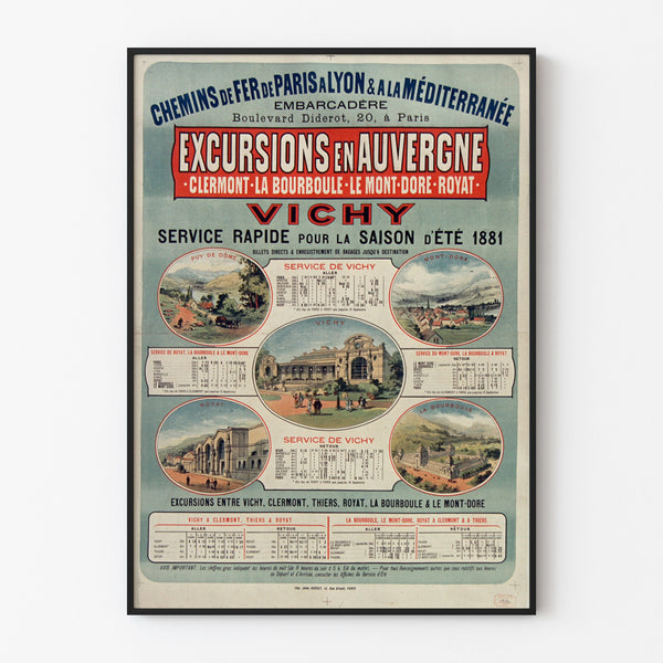 Vintage plakat Auvergne, udflugter PLM, præsenteret i en tynd ramme på en lys væg.