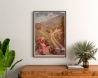 Vintage plakat Auvergne, Le Lioran, indrammet over en trækommode mellem planter.
