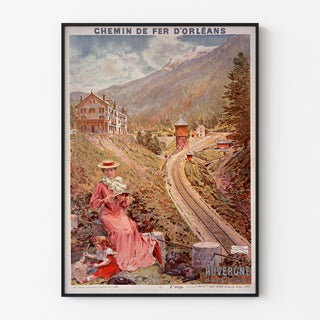 Vintage plakat Auvergne, Le Lioran, vist i en tynd ramme på en lys væg.