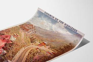 Vintage plakat Auvergne, Le Lioran, vist på et krøllet ark i perspektiv.
