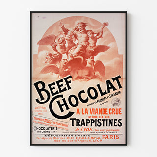 Vintage plakat Beef Chocolat, chocolaterie de la Drôme, vist i en slank ramme på en lys væg.