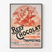 Vintage plakat Beef Chocolat, chocolaterie de la Drôme, vist i en slank ramme på en lys væg.