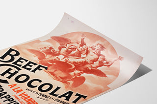 Vintage plakat Beef Chocolat, chocolaterie de la Drôme, vist på et buet ark set i perspektiv.