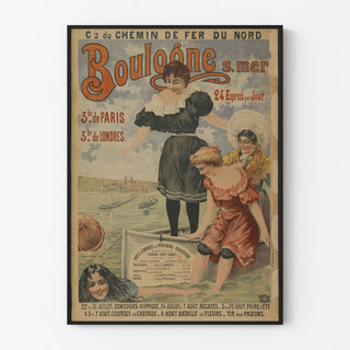 Vintage plakat Boulogne-sur-Mer, 24 express, præsenteret i en tynd ramme på en lys væg.