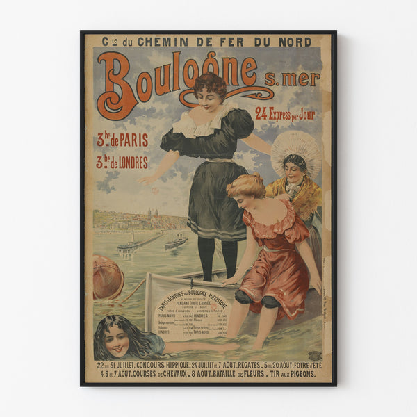 Vintage plakat Boulogne-sur-Mer, 24 express, præsenteret i en tynd ramme på en lys væg.