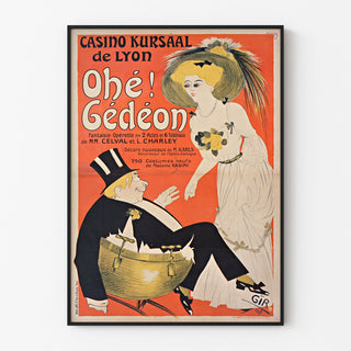 Vintage-plakat Casino Kursaal, Ohé Gédéon, vist i en tynd ramme på en lys væg.