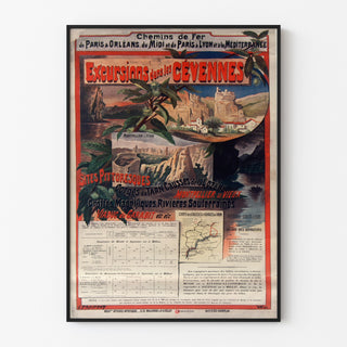Vintageplakat Cévennes, togture, vist i en smal ramme på en lys væg.