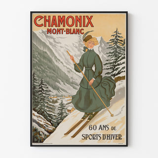 Vintageplakat Chamonix, 60 år med vintersport, vist i en tynd ramme på en lys væg.