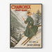 Vintageplakat Chamonix, 60 år med vintersport, vist i en tynd ramme på en lys væg.