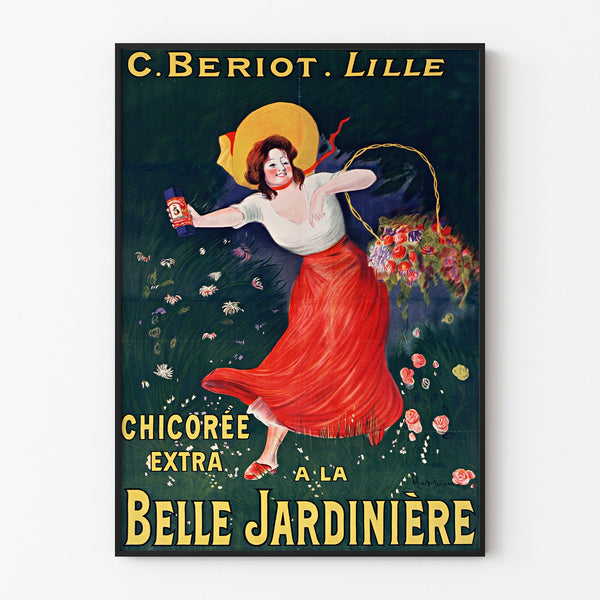 Vintage plakat Chicorée Bériot, Lille, i tynd ramme på en lys væg.