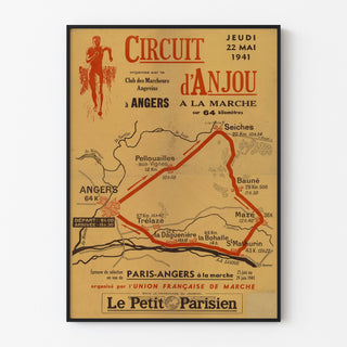 Vintageplakat Circuit d’Anjou, vandring, vist i en tynd ramme på en lys væg.