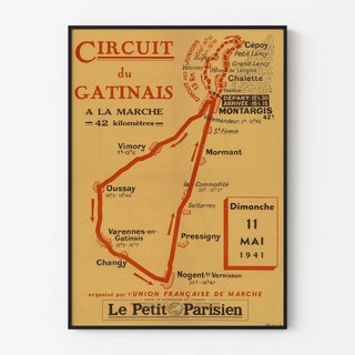 Vintageplakat Circuit du Gâtinais, vandring, vist i en tynd ramme på en lys væg.