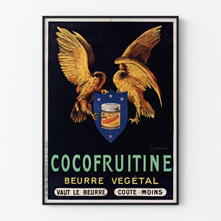 Vintageplakat Cocofruitine, vegetabilsk smør, vist i en slank ramme på en lys væg.