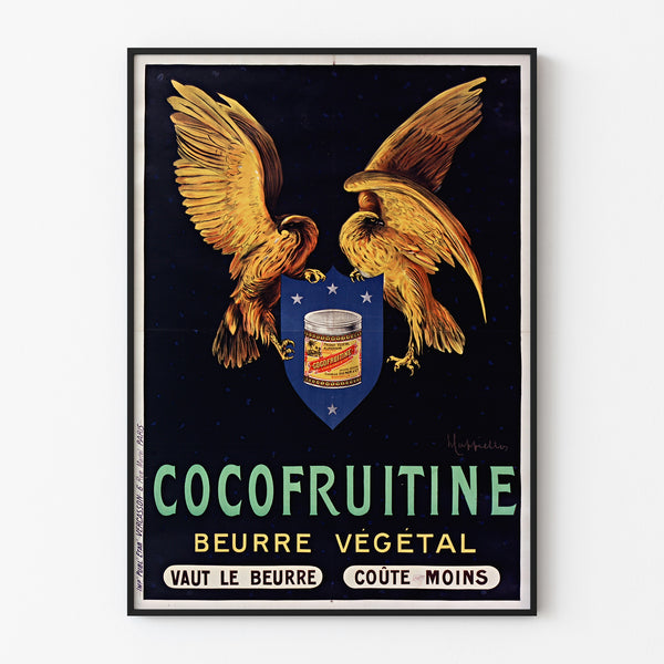 Vintageplakat Cocofruitine, vegetabilsk smør, vist i en slank ramme på en lys væg.