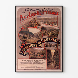 Vintage plakat Dauphiné, PLM-udflugter, vist i en tynd ramme på en lys væg.