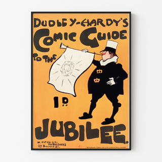 Vintageplakat Dudley Hardy, comic guide, vist i en tynd ramme på en lys væg.