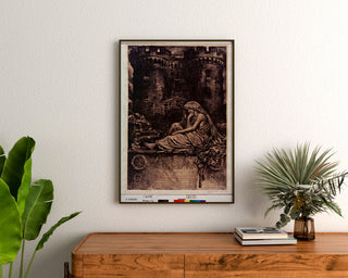 Vintage-plakat Emprunt de Verdun... 6%, indrammet over en trækommode mellem planter.