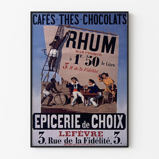 Vintage plakat Épicerie Lefèvre, kaffe og chokolade, indrammet i en tynd ramme på en lys væg.