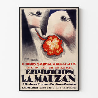 Vintage-plakat Udstilling Achille Mauzan, vist i en tynd ramme på en lys væg.