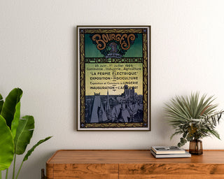 Vintage plakat Foire-exposition de Bourges, indrammet over en trækommode mellem planter.