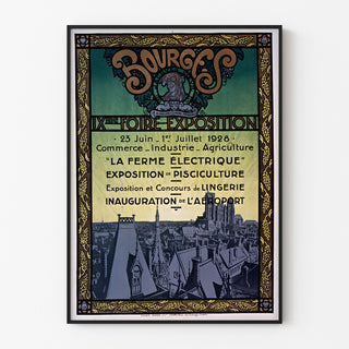 Vintage plakat Foire-exposition de Bourges, vist i en tynd ramme på en lys væg.