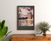 Vintage-plakat Font-Romeu, vintersport, indrammet over en trækommode mellem planter.
