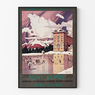 Vintage-plakat Font-Romeu, vintersport, vist i en tynd ramme på en lys væg.