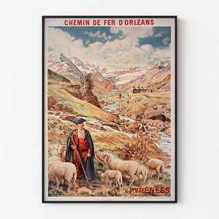 Vintage-plakat Gavarnie, chemin de fer d’Orléans, vist i en tynd ramme på en lys væg.