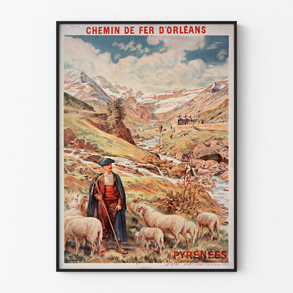 Vintage-plakat Gavarnie, chemin de fer d’Orléans, vist i en tynd ramme på en lys væg.