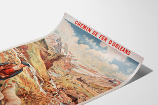 Vintage-plakat Gavarnie, chemin de fer d’Orléans, vist på et buet ark set i perspektiv.