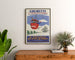Vintage-plakat Gourette, télévoiture, indrammet over en trækommode mellem planter.