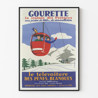Vintage-plakat Gourette, télévoiture, vist i en tynd ramme på en lys væg.