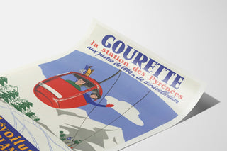 Vintage-plakat Gourette, télévoiture, vist på et buet ark set i perspektiv.