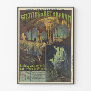 Vintage-plakat Grottes de Bétharram, vist i en tynd ramme på en lys væg.