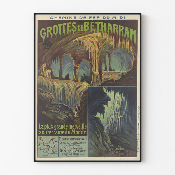 Vintage-plakat Grottes de Bétharram, vist i en tynd ramme på en lys væg.