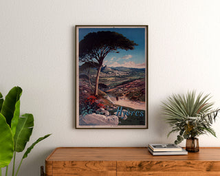 Vintage plakat Hyères, indrammet over en kommode i træ, mellem planter.